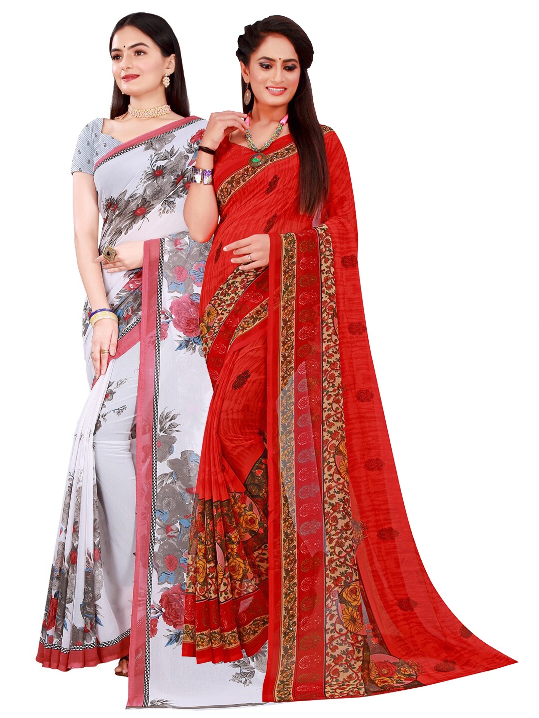 

SAADHVI Pack of 2 White & Red Floral Pure Georgette Saree