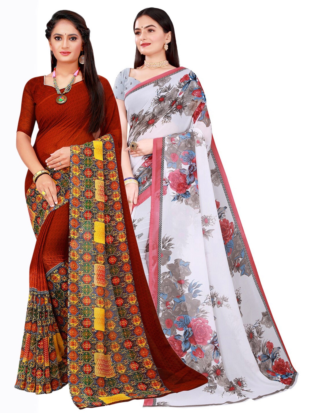 

SAADHVI Pack of 2 Brown & White Pure Georgette Saree
