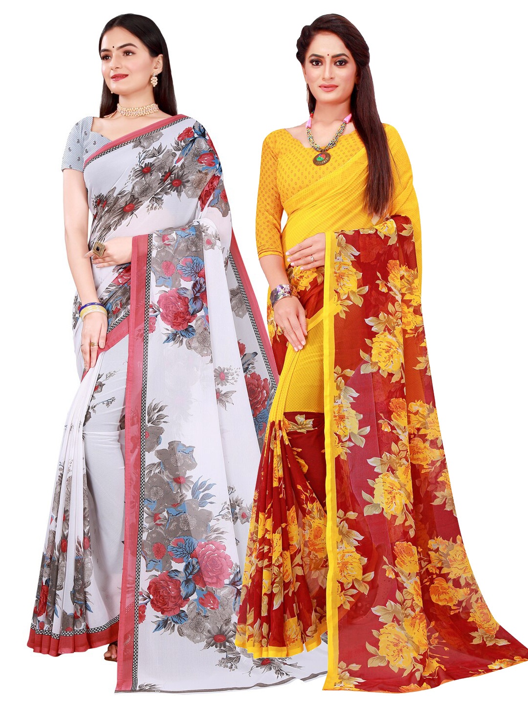 

SAADHVI Pack of 2 White & Yellow Floral Pure Georgette Saree