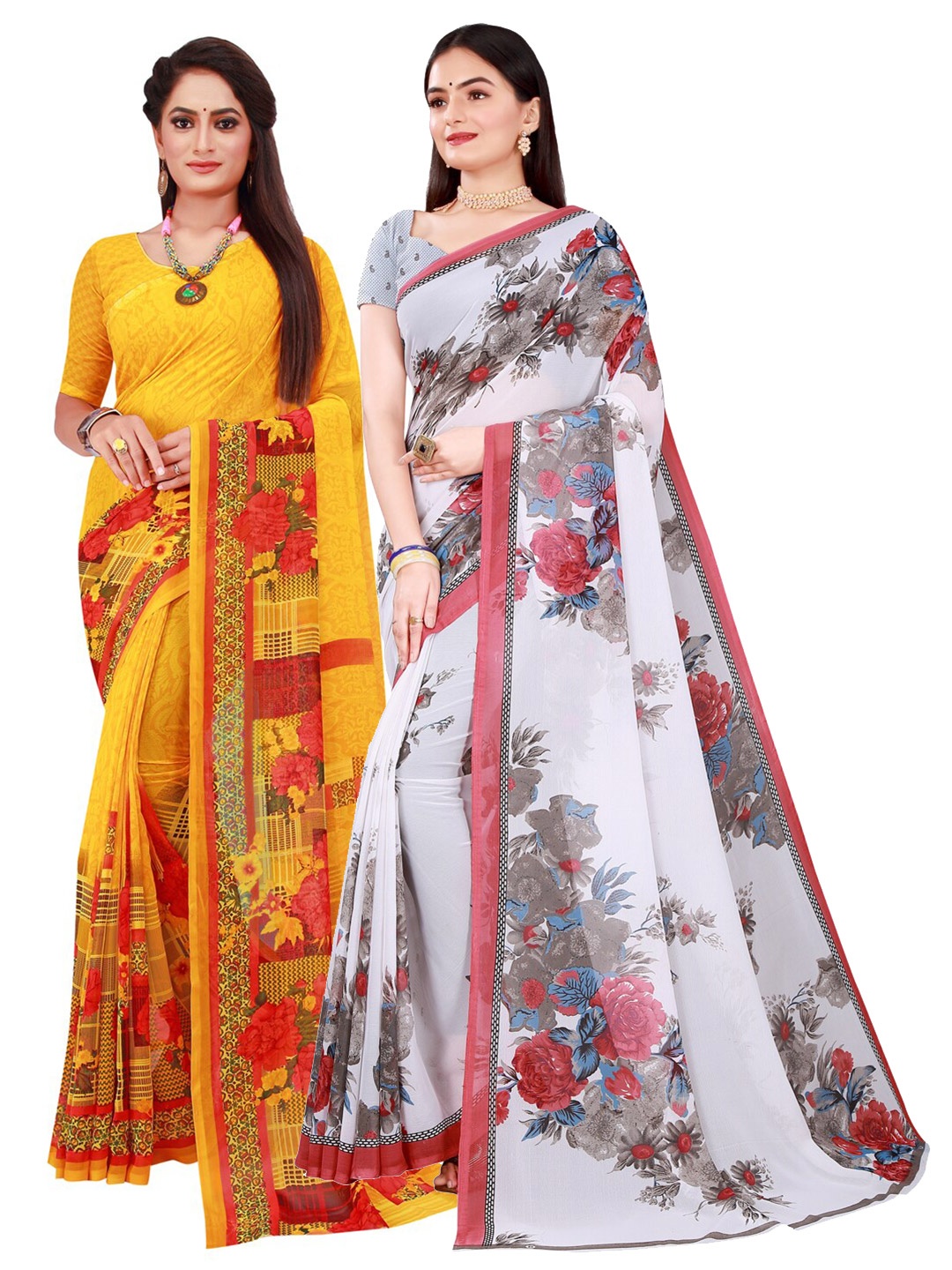 

SAADHVI Pack of Yellow & White Floral Pure Georgette Saree
