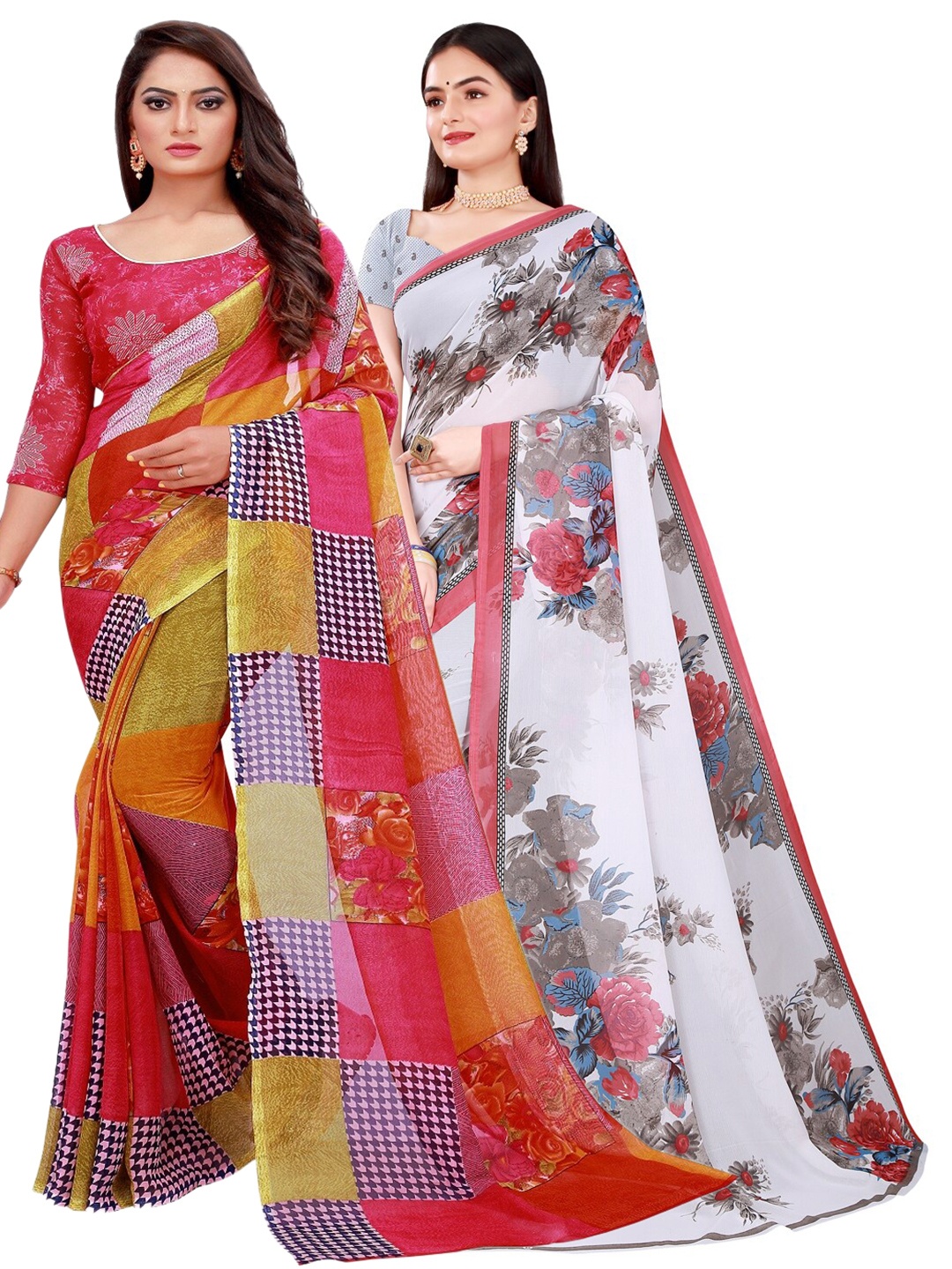 

SAADHVI Pack of 2 Red & White Pure Georgette Saree