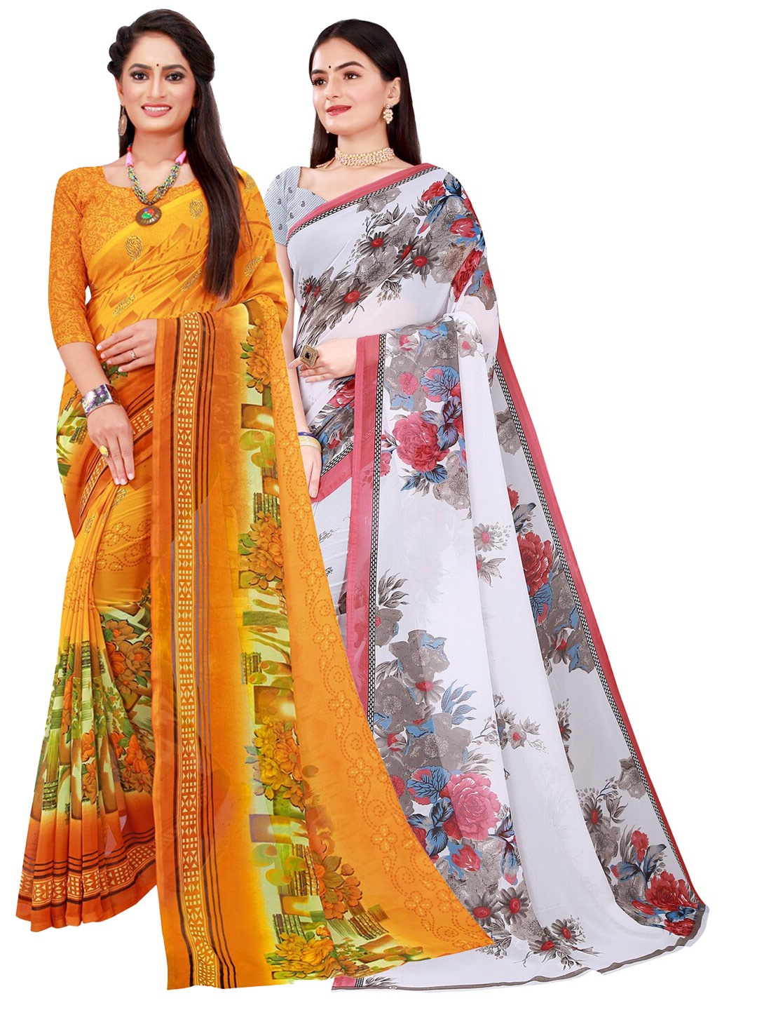 

SAADHVI Pack of 2 White & Yellow Floral Pure Georgette Saree