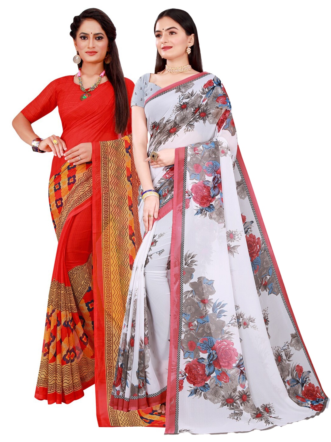 

SAADHVI Pack of 2 Red & White Floral Pure Georgette Saree