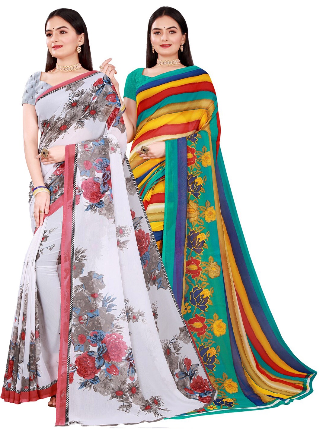 

SAADHVI Pack of 2 White & Yellow Floral Pure Georgette Saree
