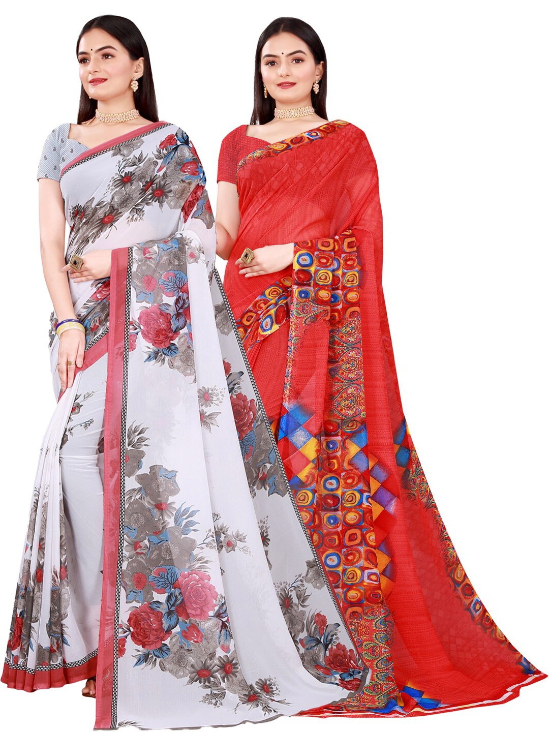 

SAADHVI Pack of 2 Red & White Floral Pure Georgette Saree