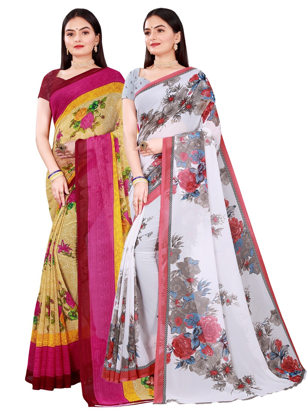 

SAADHVI Set Of 2 Beige & White Floral Pure Georgette Saree