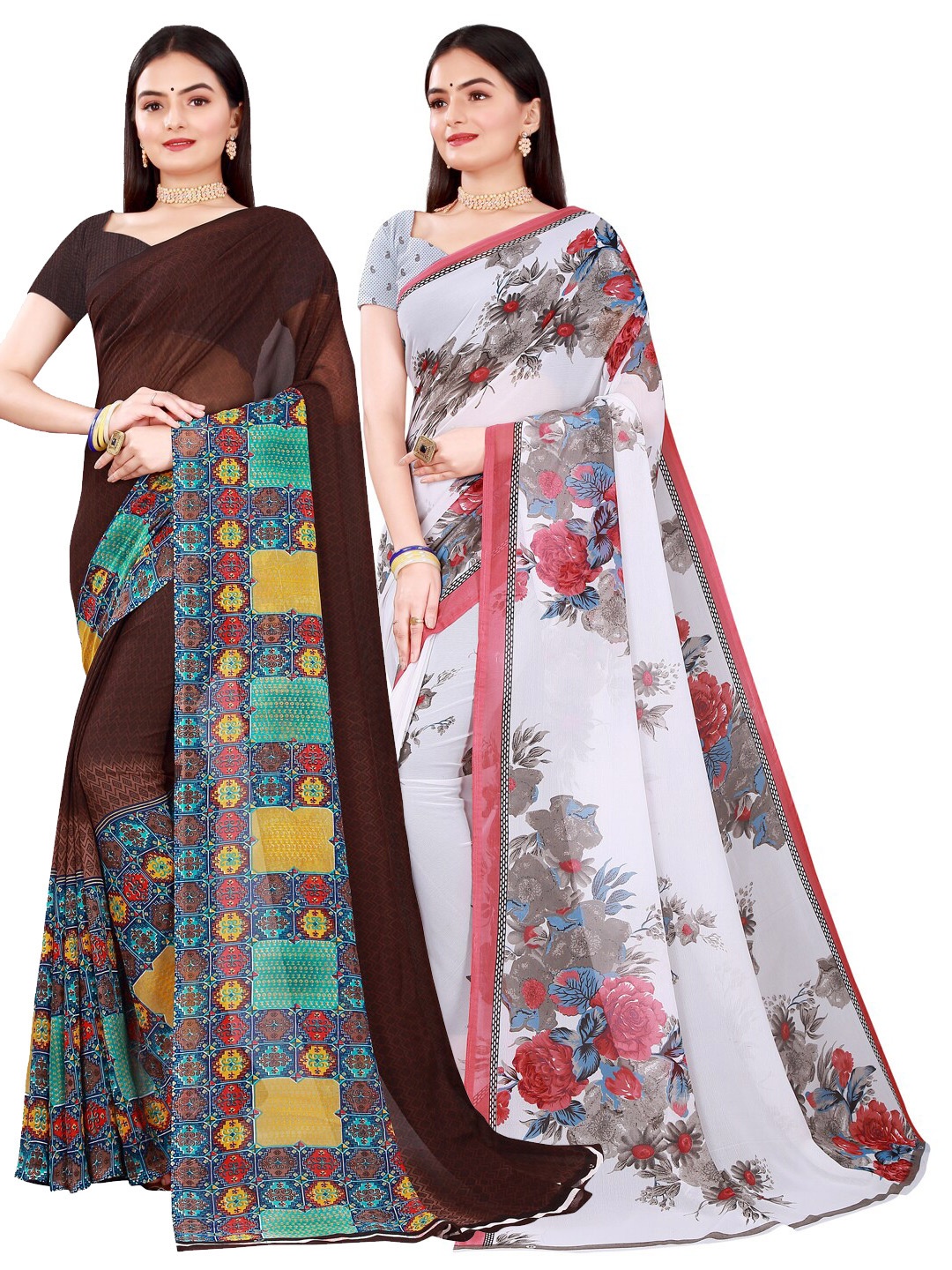 

SAADHVI Pack of 2 Brown & White Pure Georgette Saree