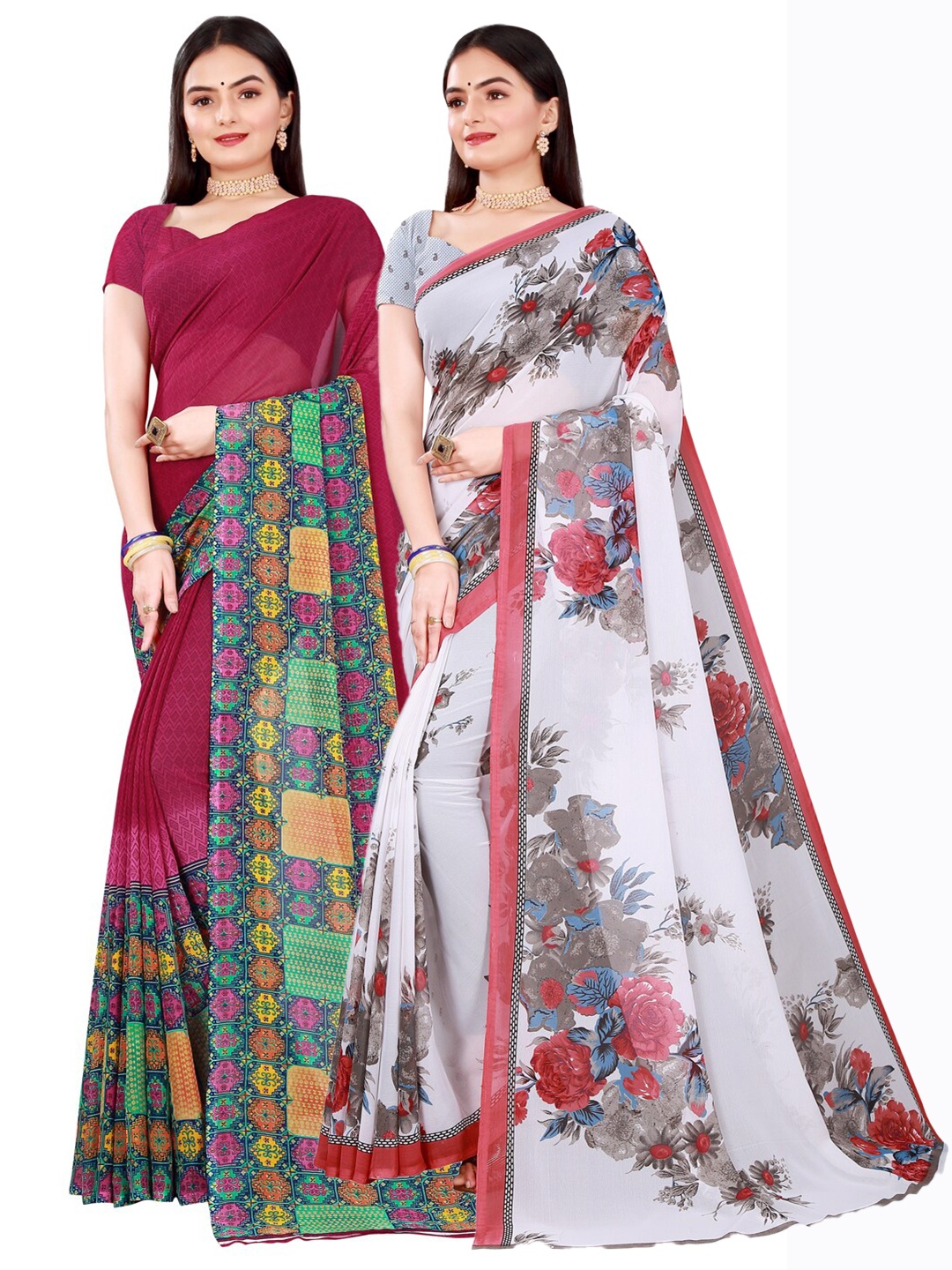 

SAADHVI Pack of 2 White & Maroon Floral Pure Georgette Saree