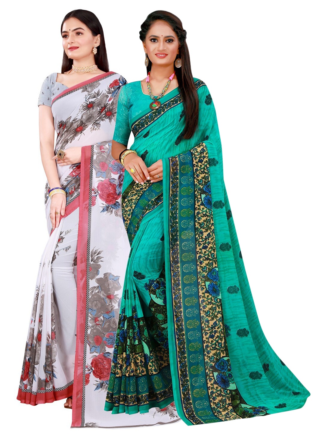 

SAADHVI Pack of 2 White & Green Floral Pure Georgette Saree