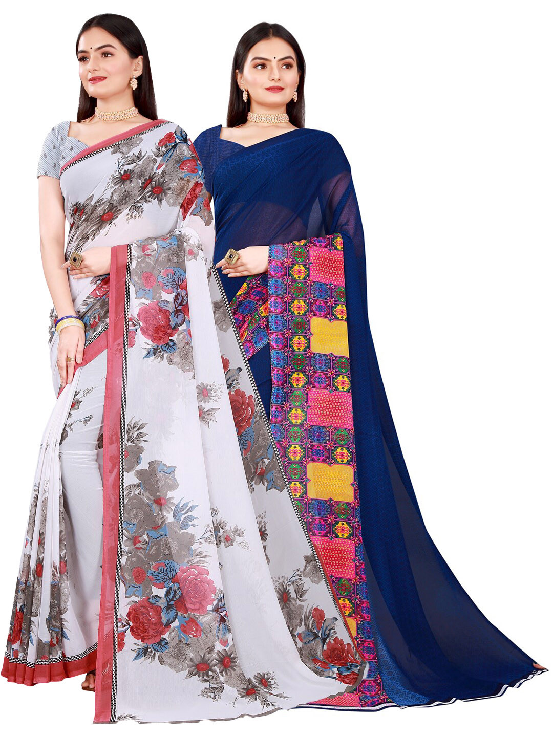 

SAADHVI Pack of 2 White & Navy Blue Floral Pure Georgette Saree