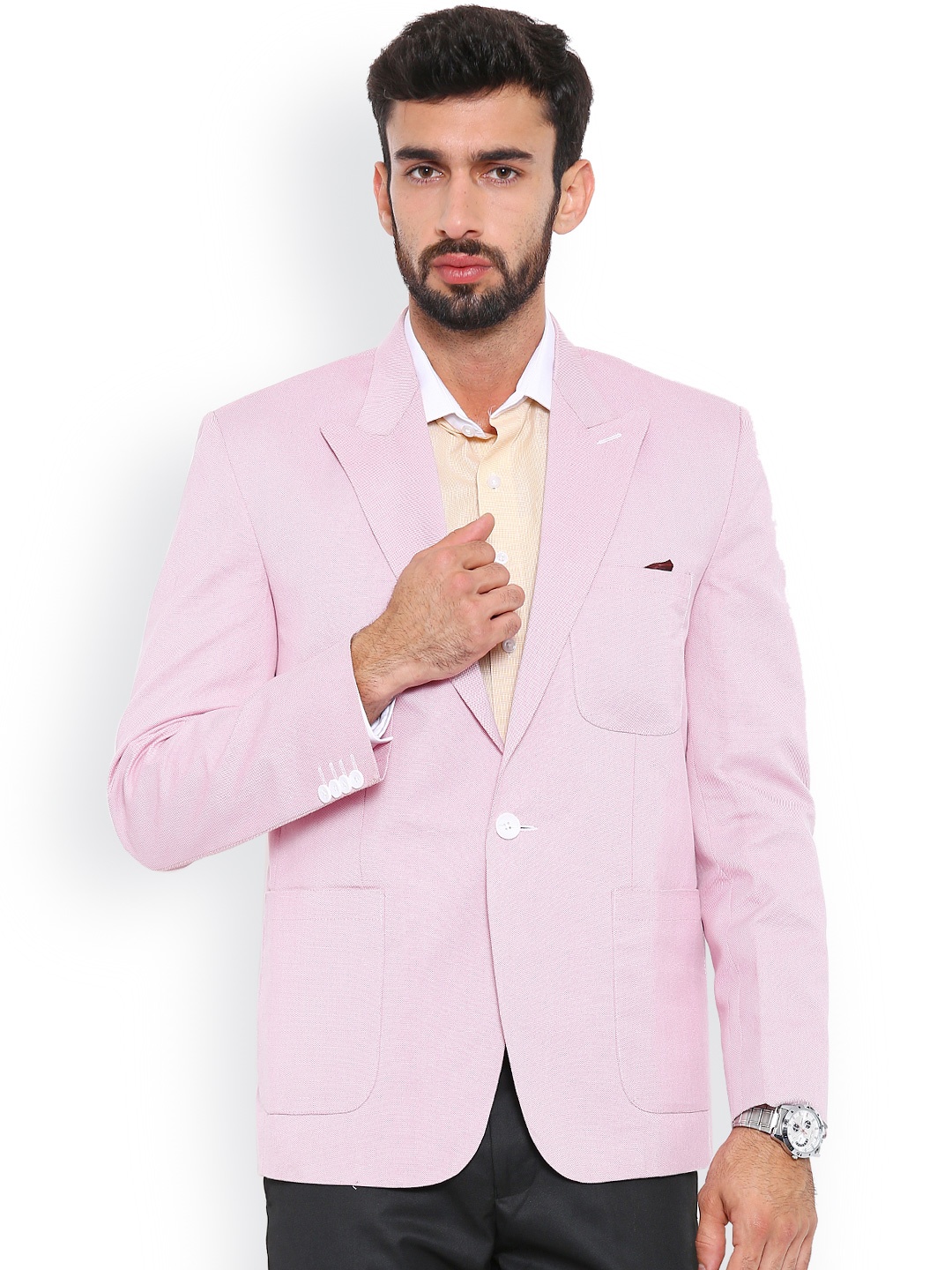 

Shaftesbury London Men Pink Regular Fit Single-Breasted Formal Pure Cotton Blazer