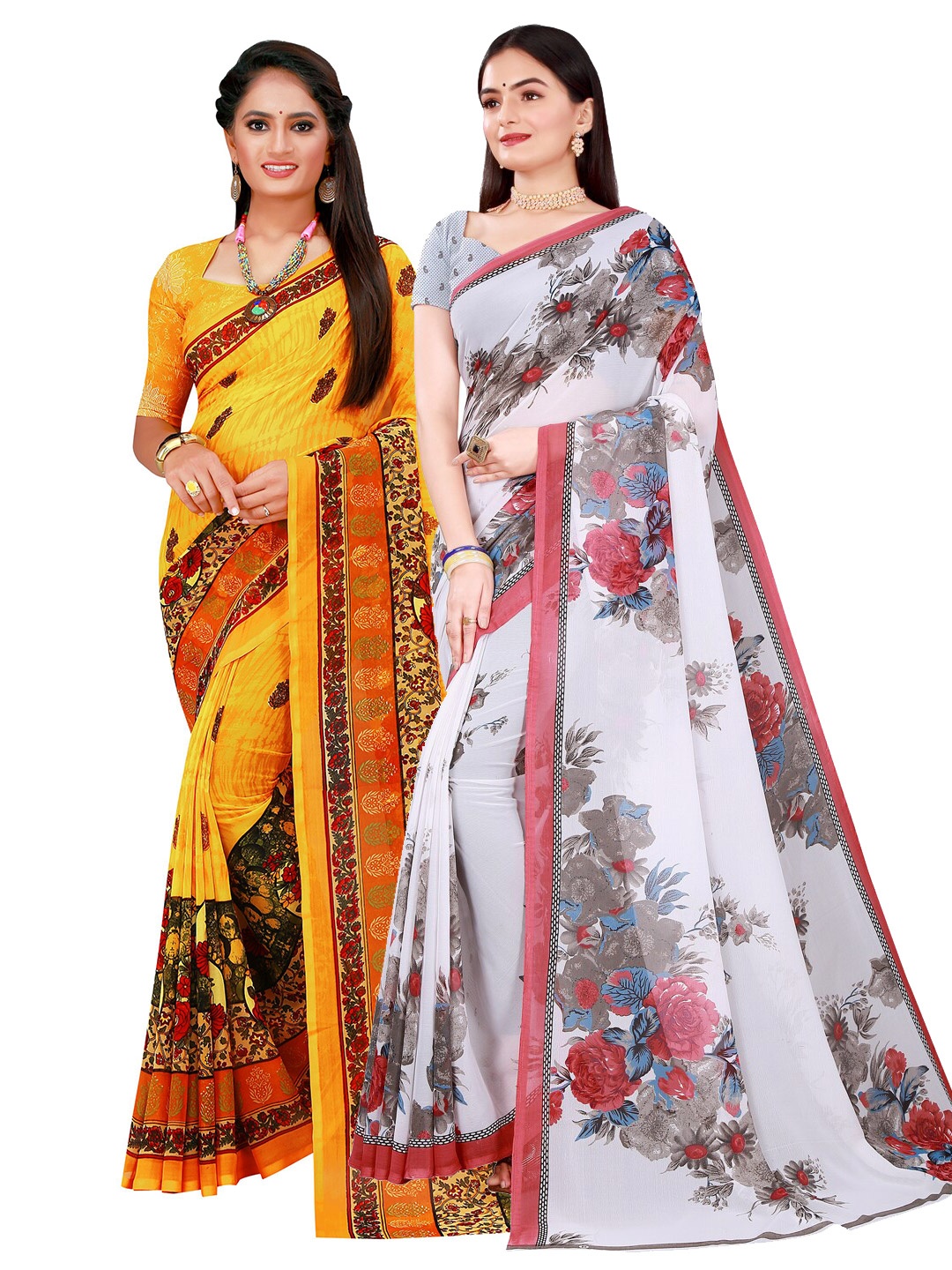 

SAADHVI Pack of 2 White & Yellow Printed Pure Georgette Saree