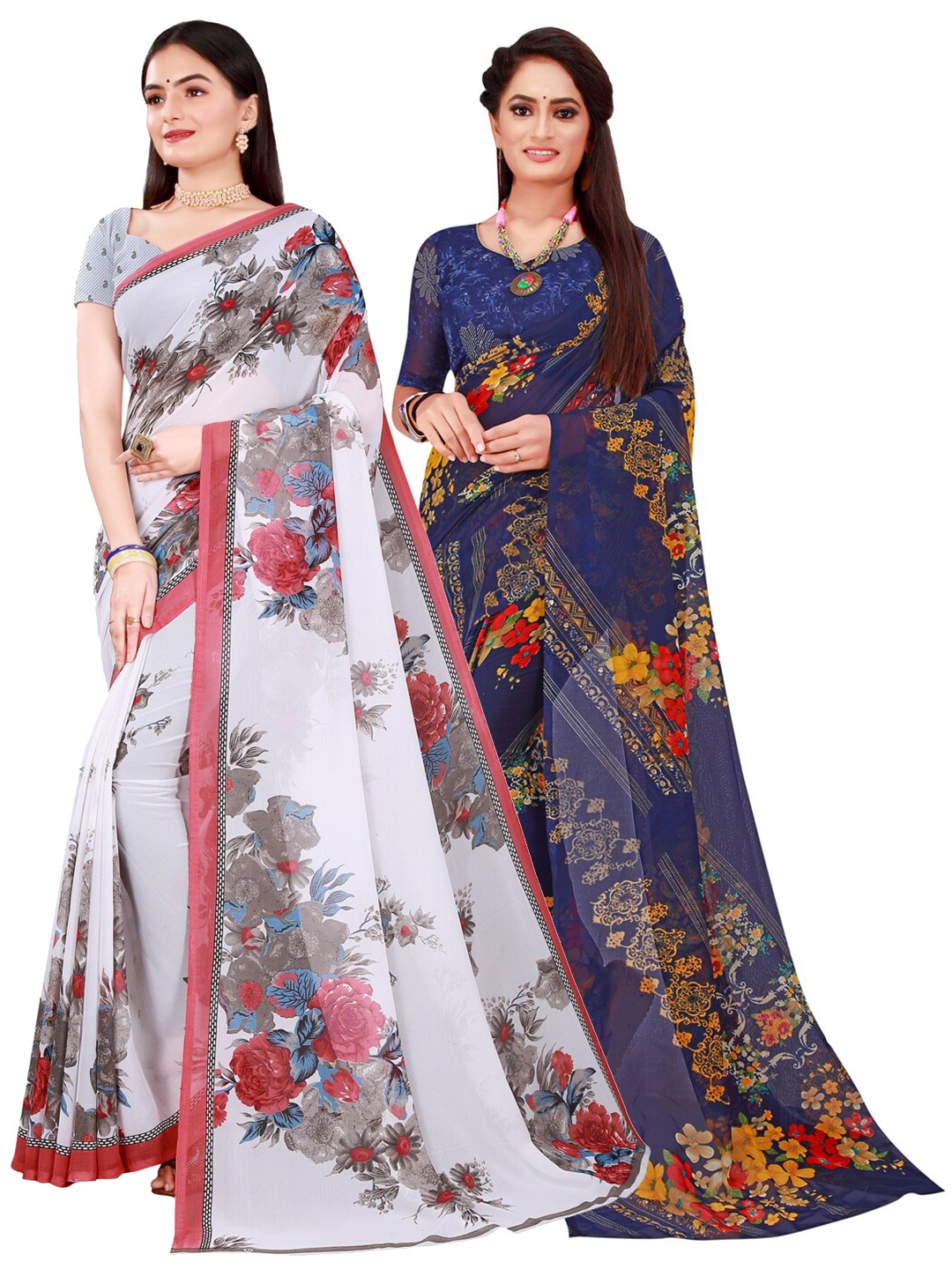 

SAADHVI Pack of 2 White & Blue Floral Pure Georgette Saree