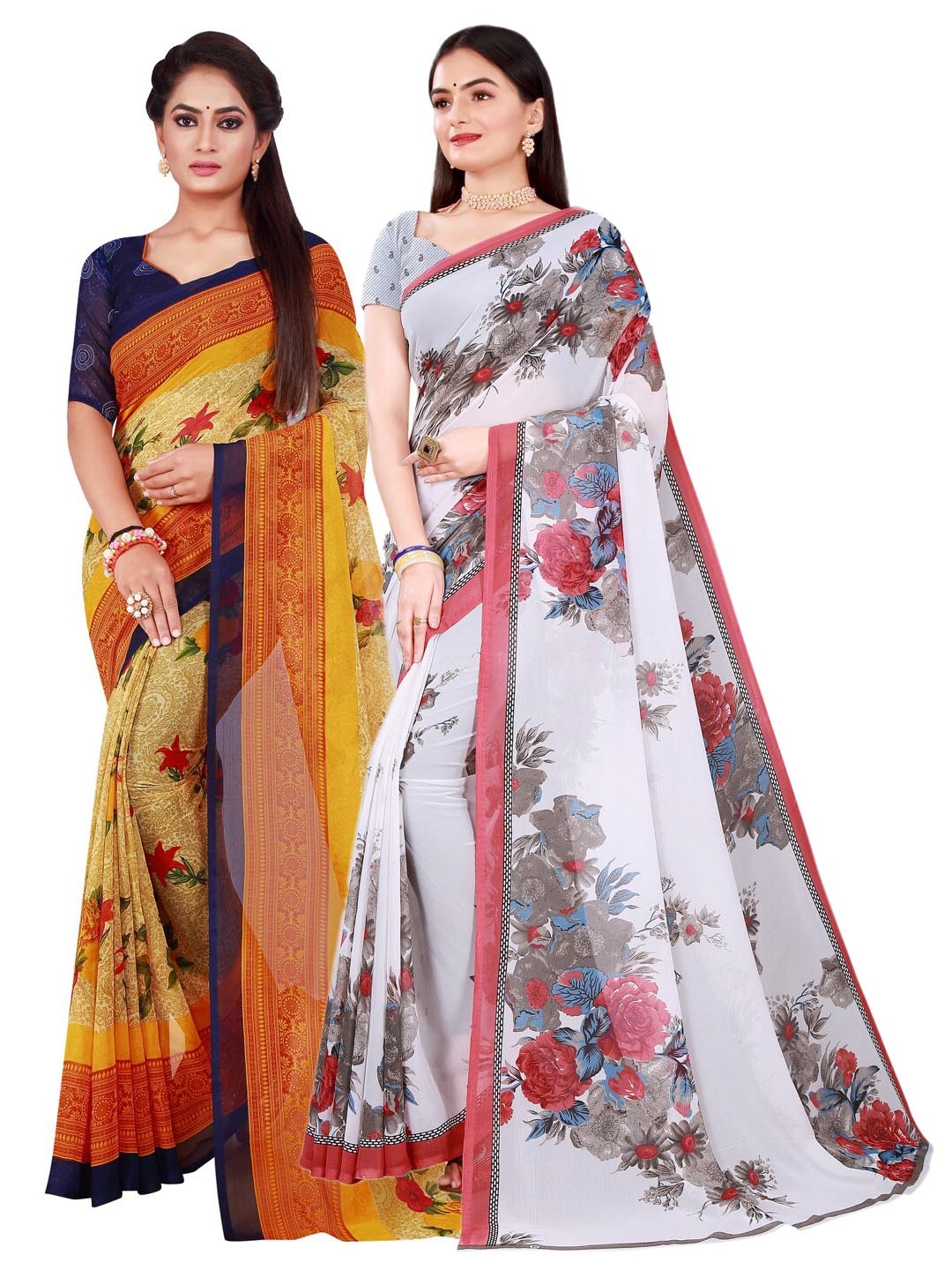 

SAADHVI Pack of 2 White & Beige Floral Pure Georgette Saree
