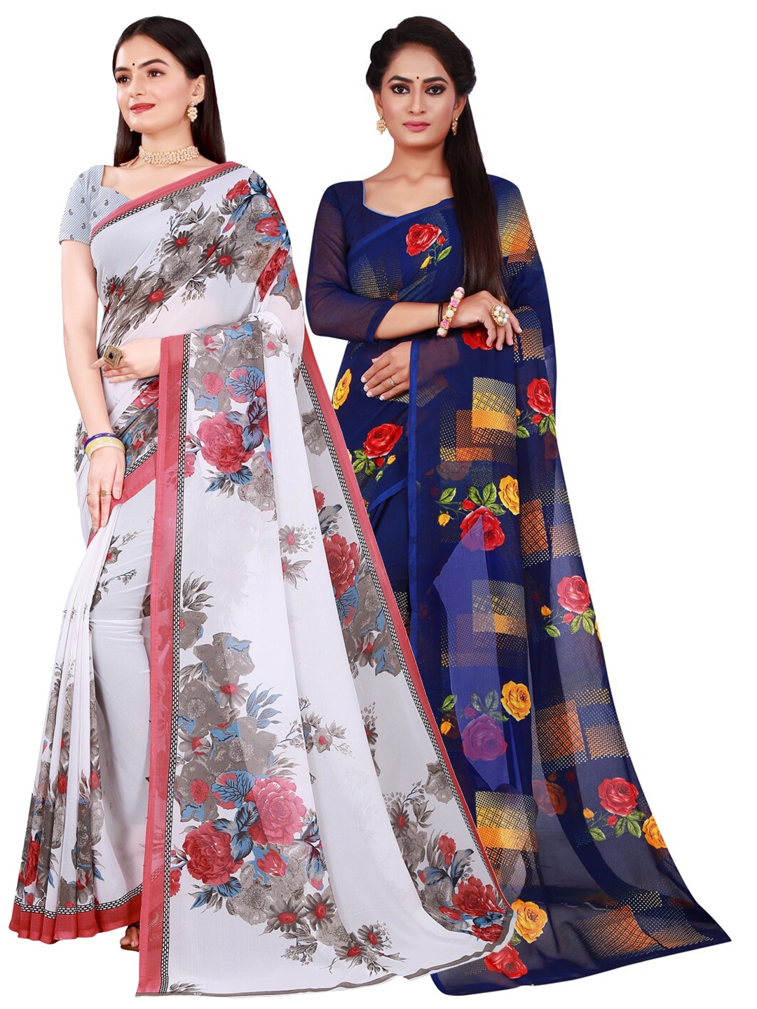 

SAADHVI Pack of 2 White & Navy Blue Floral Pure Georgette Saree