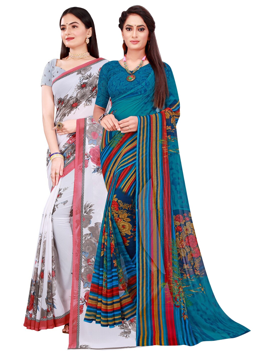 

SAADHVI Pack of 2 White & Blue Floral Pure Georgette Saree