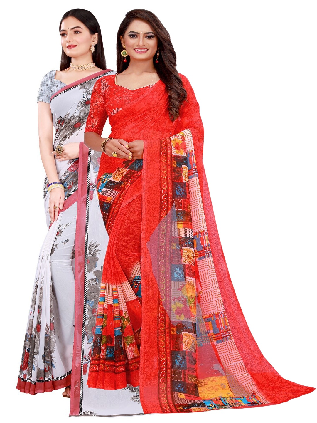 

SAADHVI Women Pack of 2 White & Red Floral Pure Georgette Saree