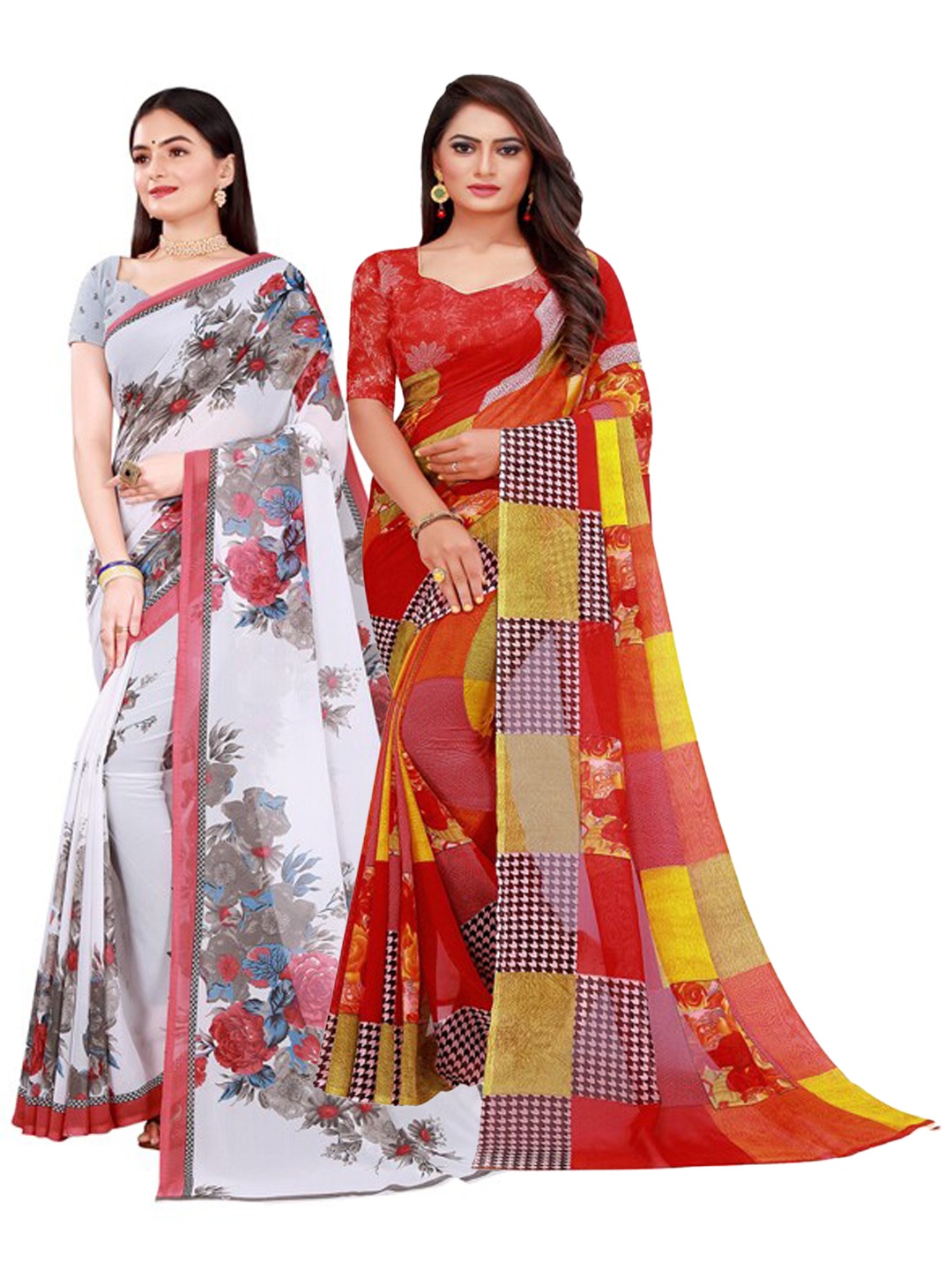 

SAADHVI Women Pack of 2White & Red Floral Pure Georgette Saree, White