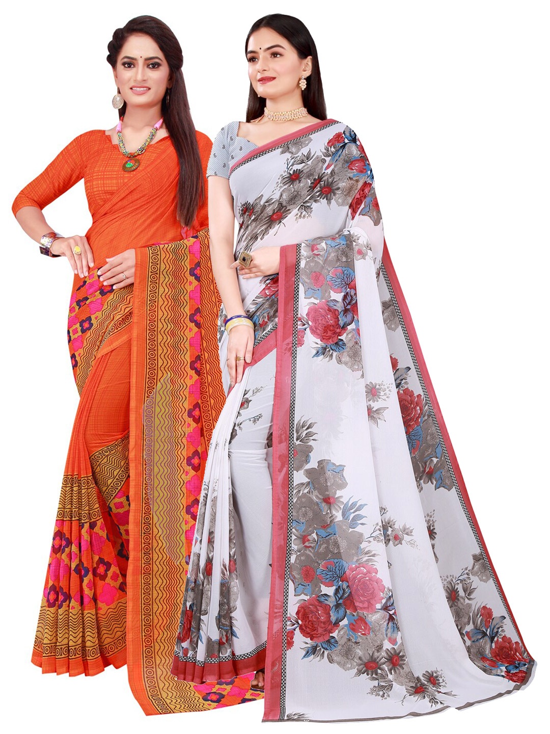 

SAADHVI Women Pack of 2 Orange & White Floral Pure Georgette Saree