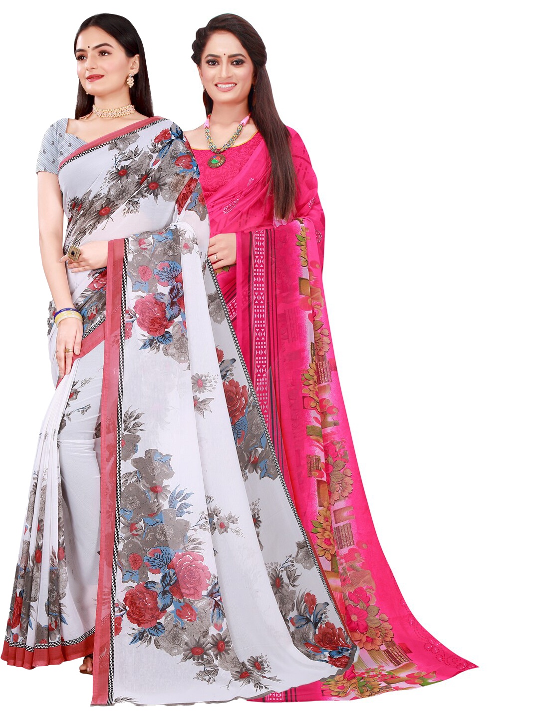 

SAADHVI Set Of 2 White & Pink Floral Pure Georgette Saree
