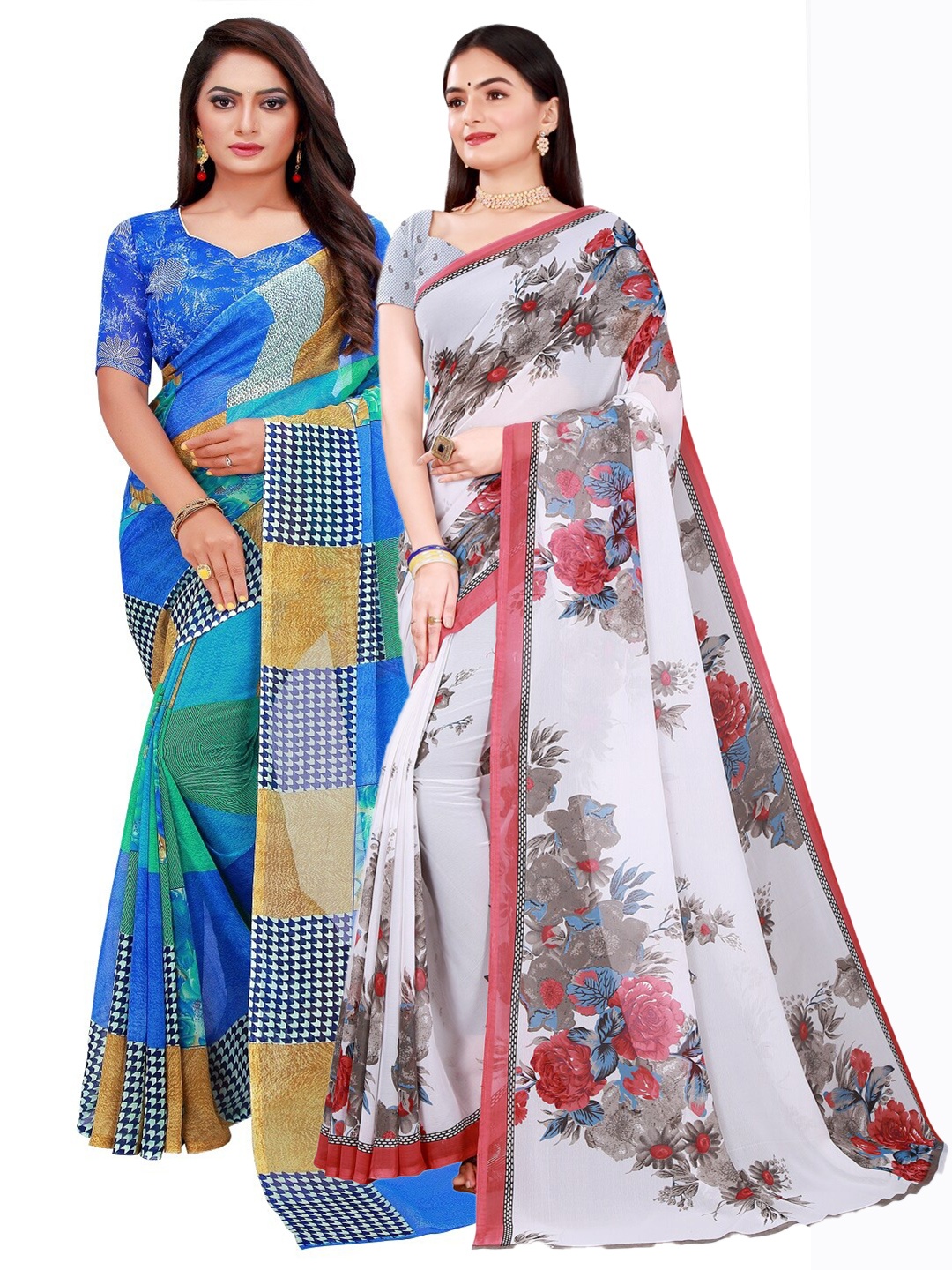 

SAADHVI Set Of 2 Blue & White Floral Pure Georgette Saree