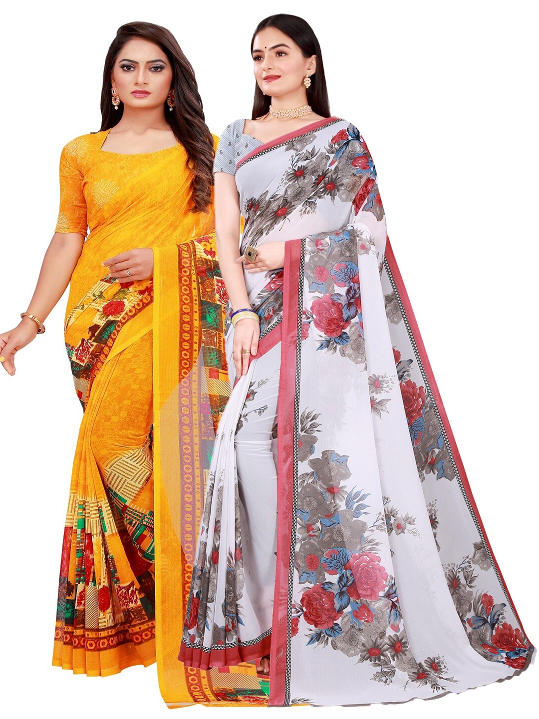 

SAADHVI Women Pack of 2 White & Yellow Floral Pure Georgette Saree