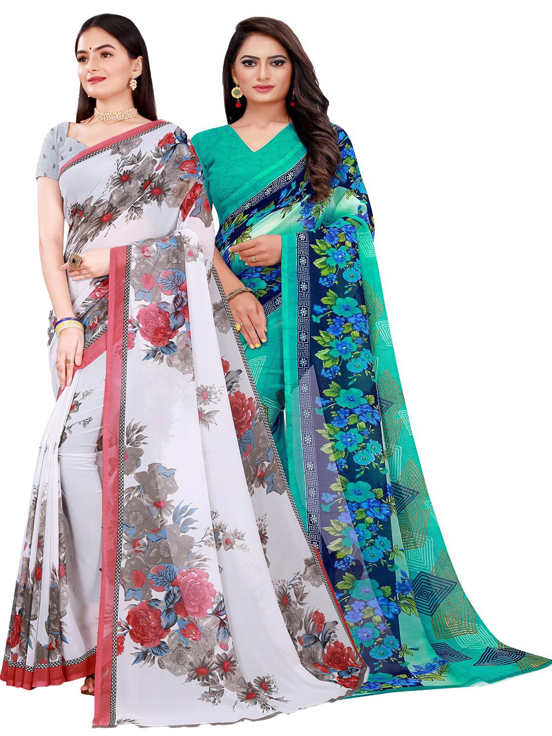 

SAADHVI Women Pack of 2 Green & White Floral Pure Georgette Saree