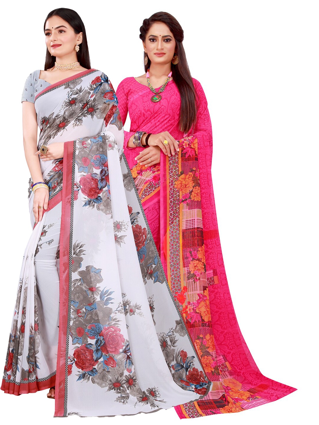 

SAADHVI Set Of 2 White & Magenta Floral Pure Georgette Saree