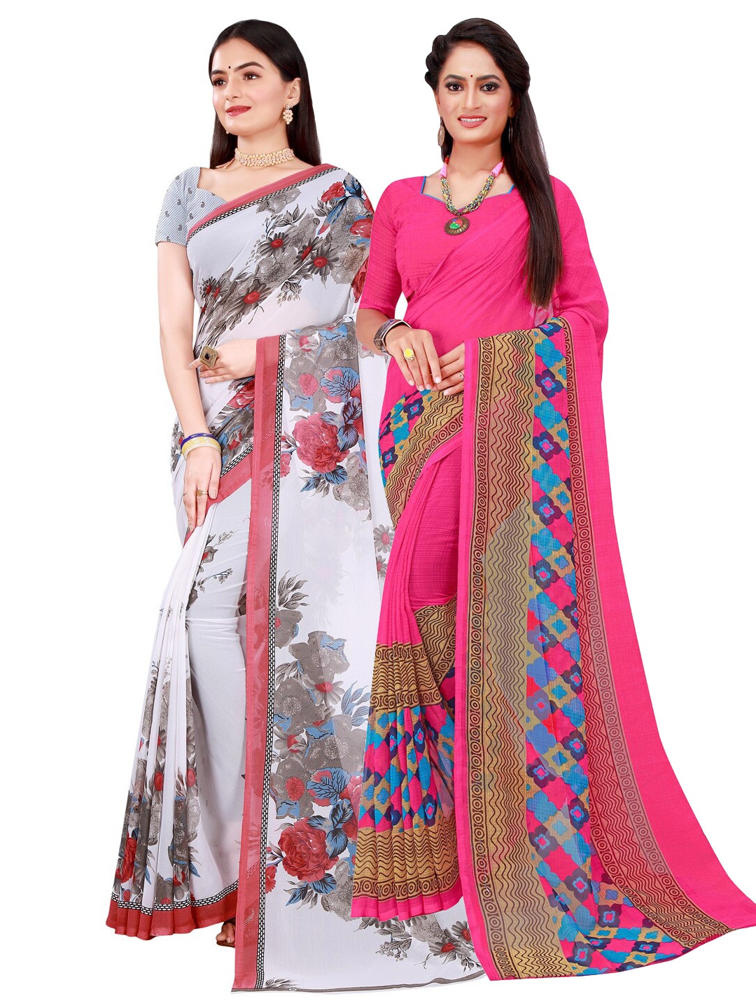 

SAADHVI Women Pack of 2 Magenta & White Floral Pure Georgette Saree
