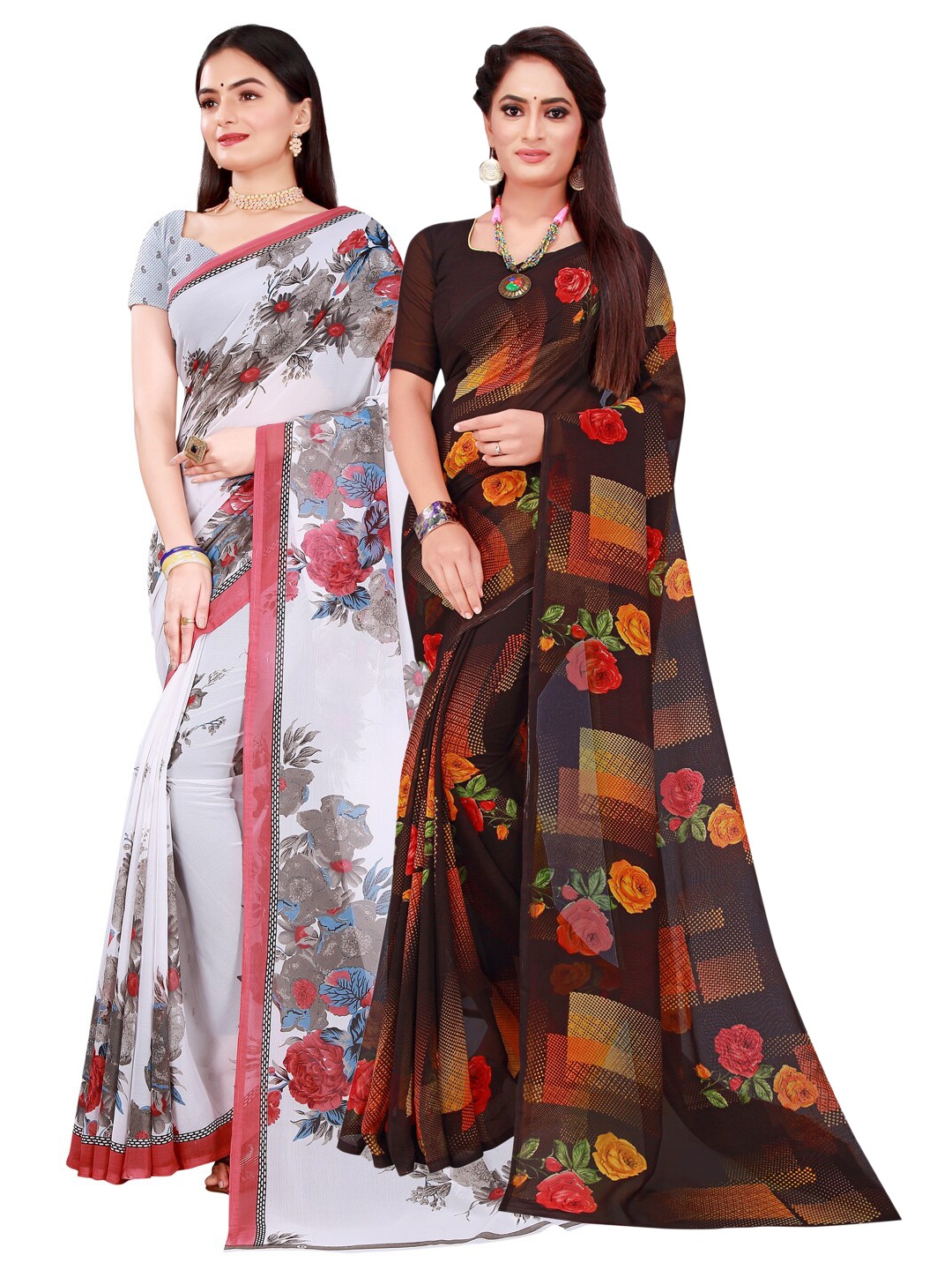 

SAADHVI Women Pack of 2 White & Navy Blue Floral Pure Georgette Saree