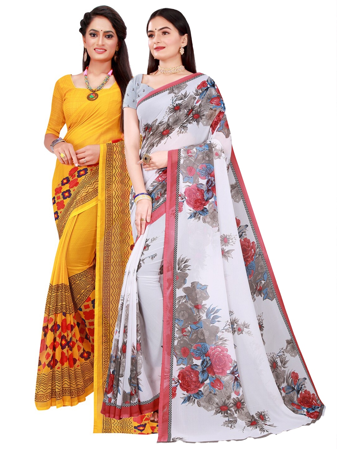 

SAADHVI Women Pack of 2 Yellow & White Floral Pure Georgette Saree