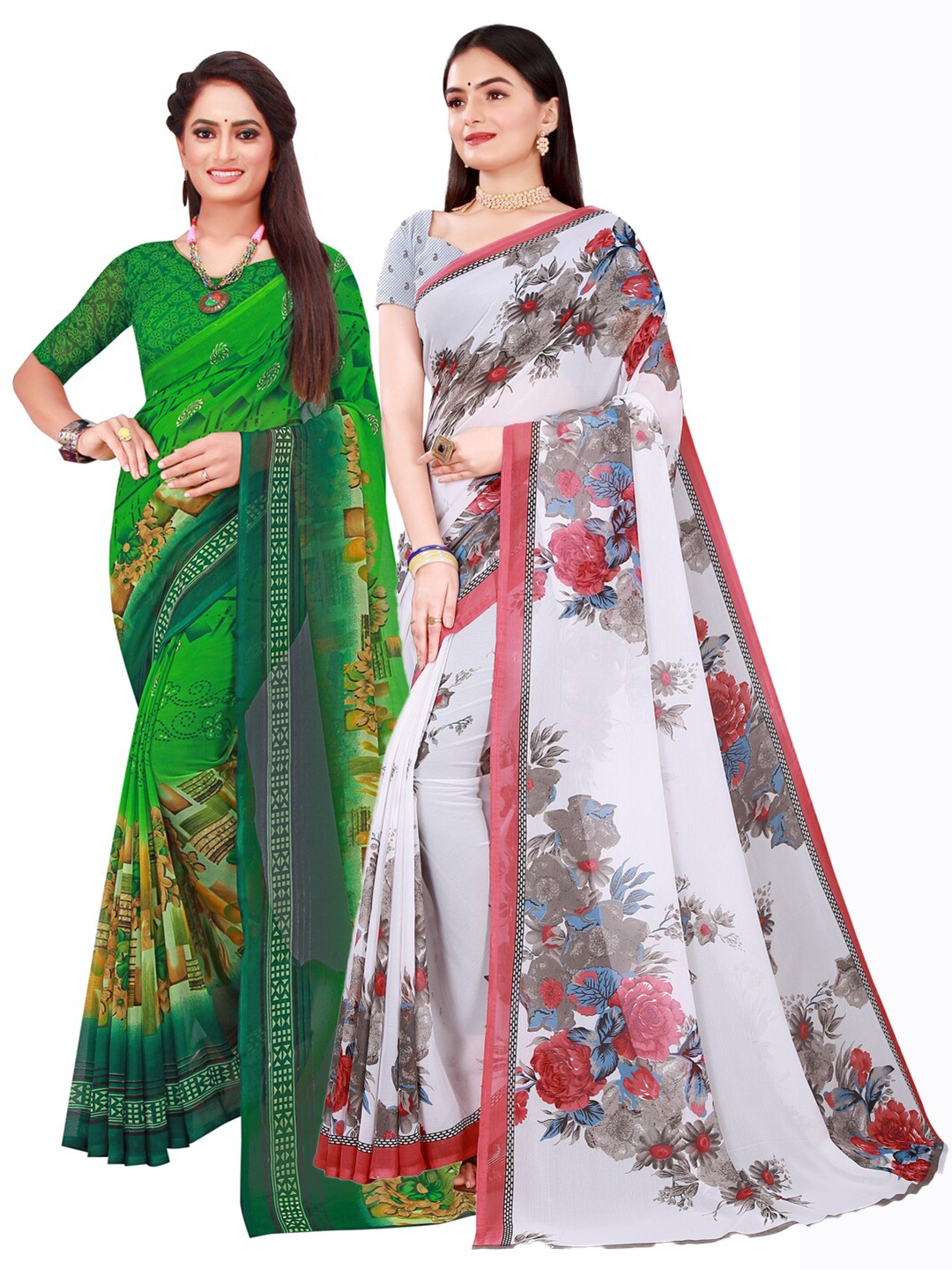 

SAADHVI Women Pack of 2 White & Green Floral Pure Georgette Saree