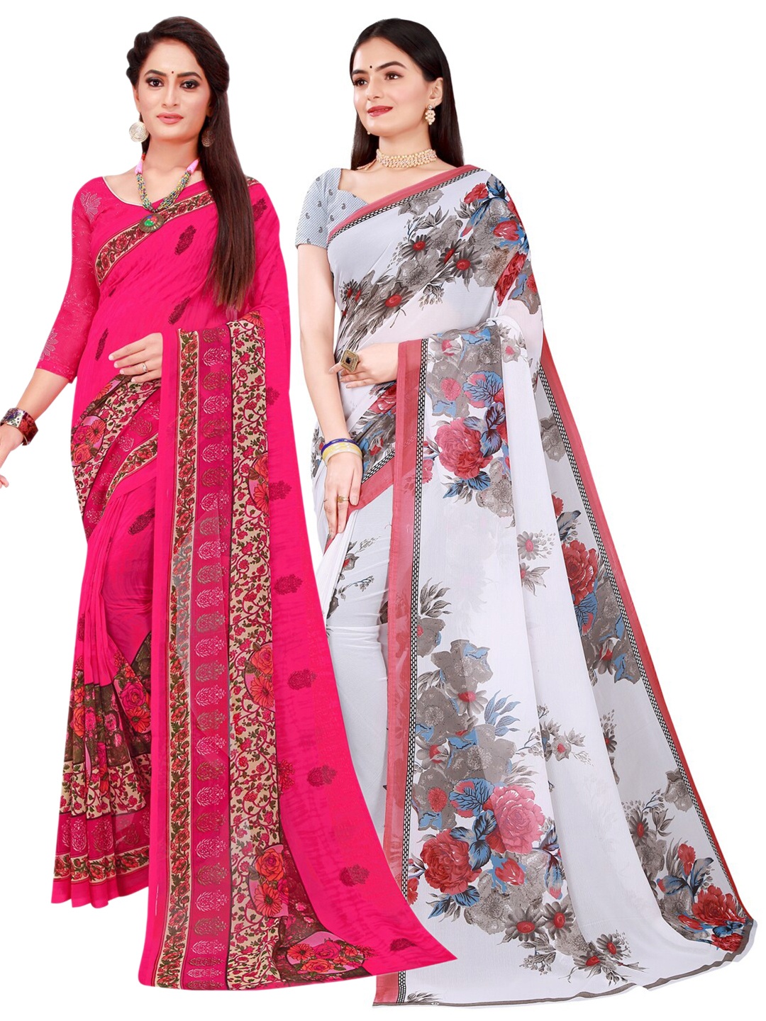 

SAADHVI Pack of 2 Pink & White Pure Georgette Saree