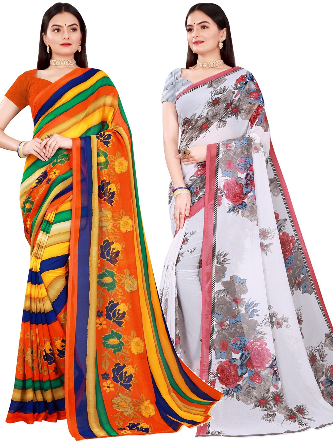 

SAADHVI Set Of 2 Orange & White Floral Pure Georgette Saree
