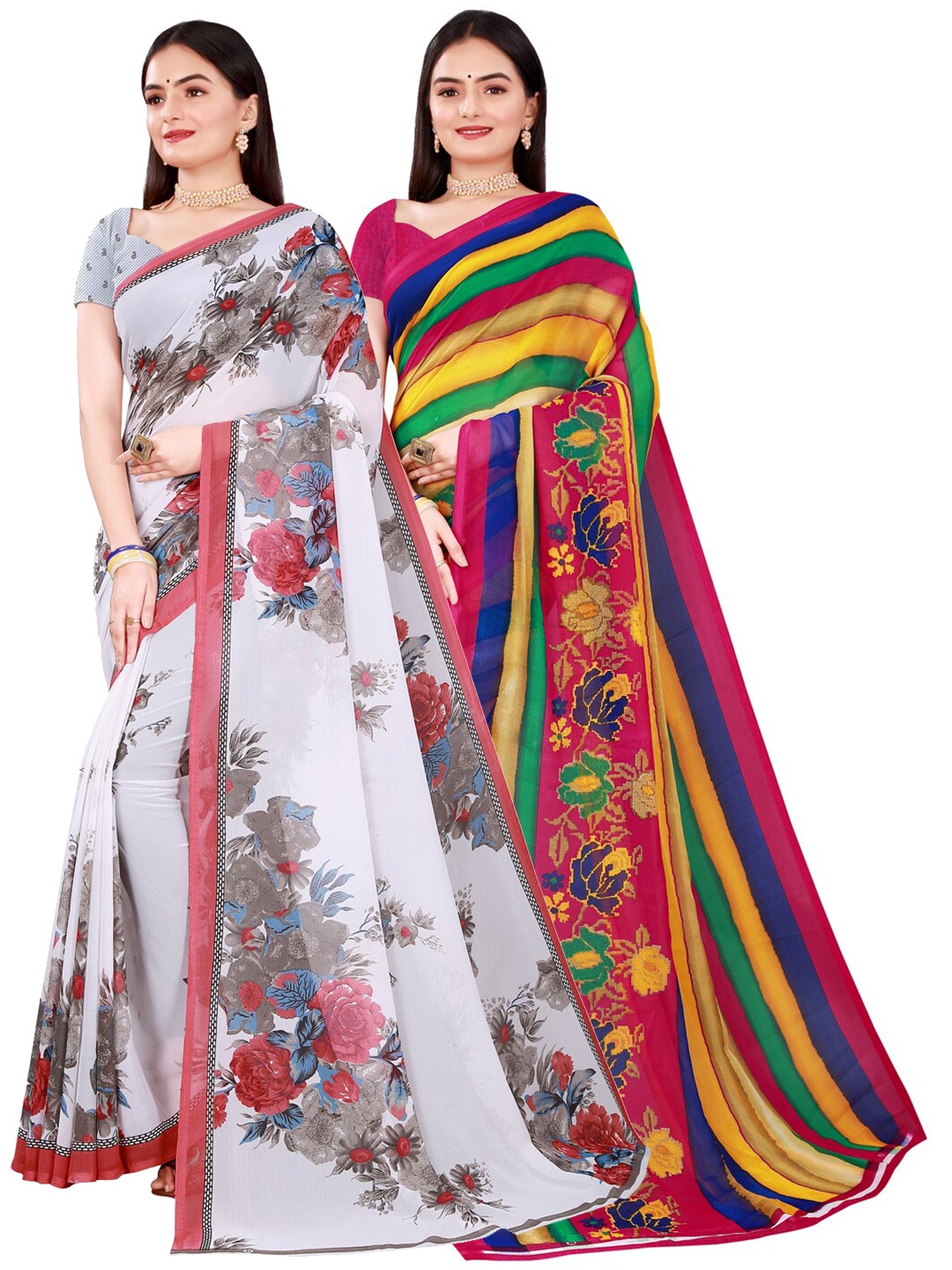 SAADHVI Women Pack of 2 White & Blue Floral Pure Georgette Saree