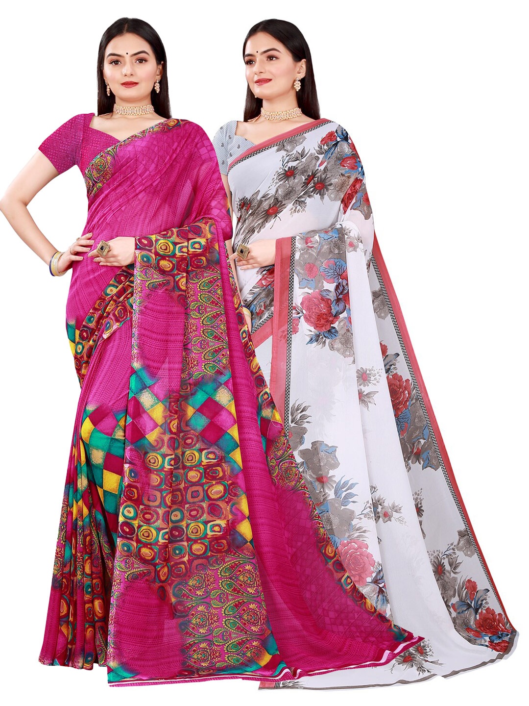 

SAADHVI Women Pack of 2 Magenta & White Floral Pure Georgette Saree