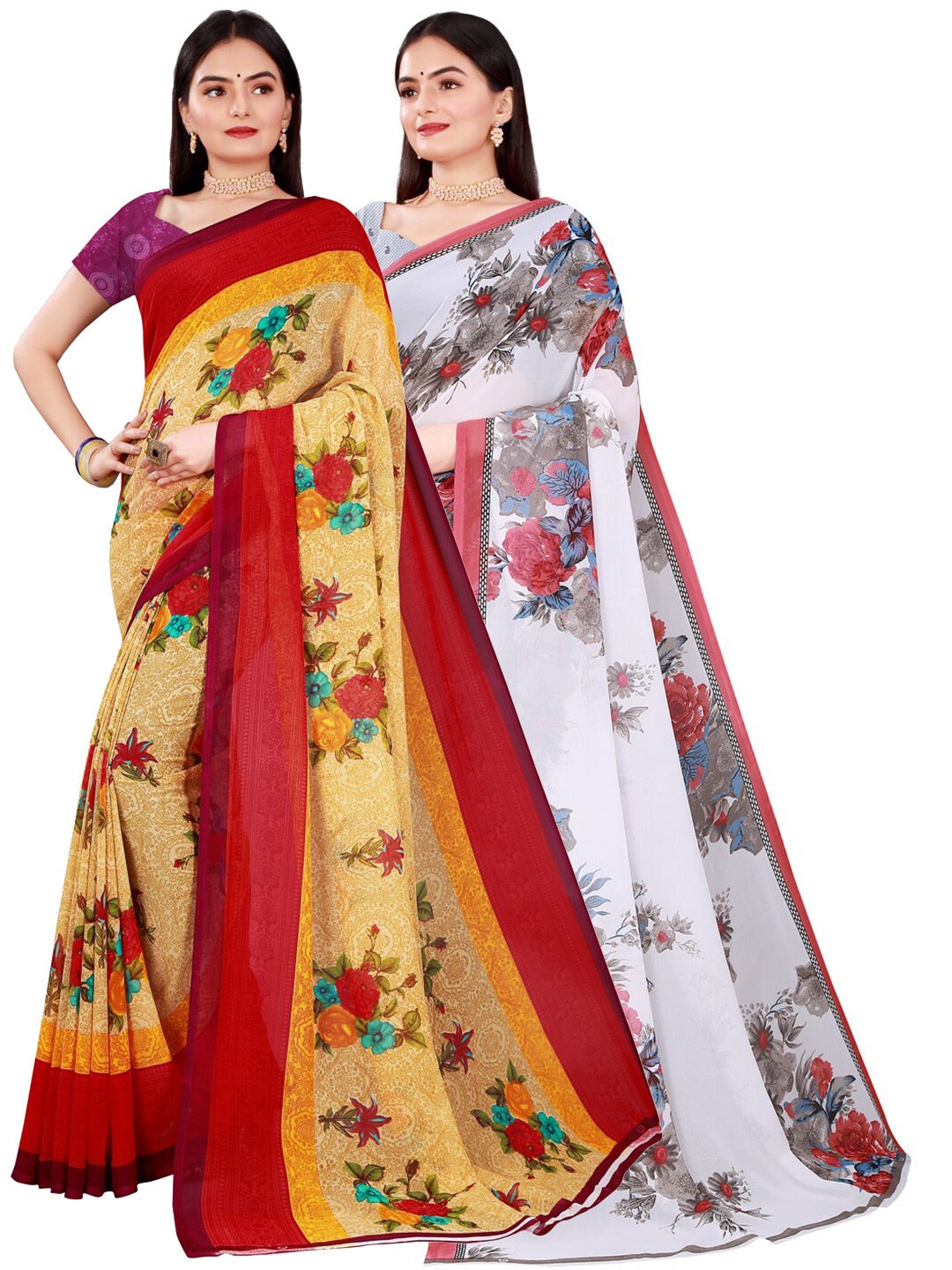 

SAADHVI Women Pack of 2 Beige & White Floral Pure Georgette Saree