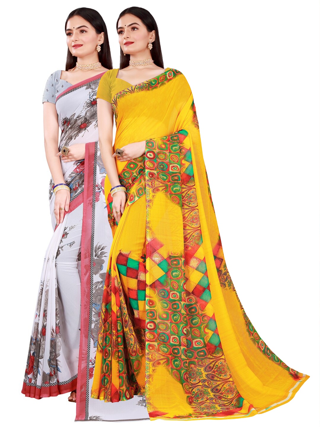 

SAADHVI Pack of 2 White & Yellow Floral Pure Georgette Saree