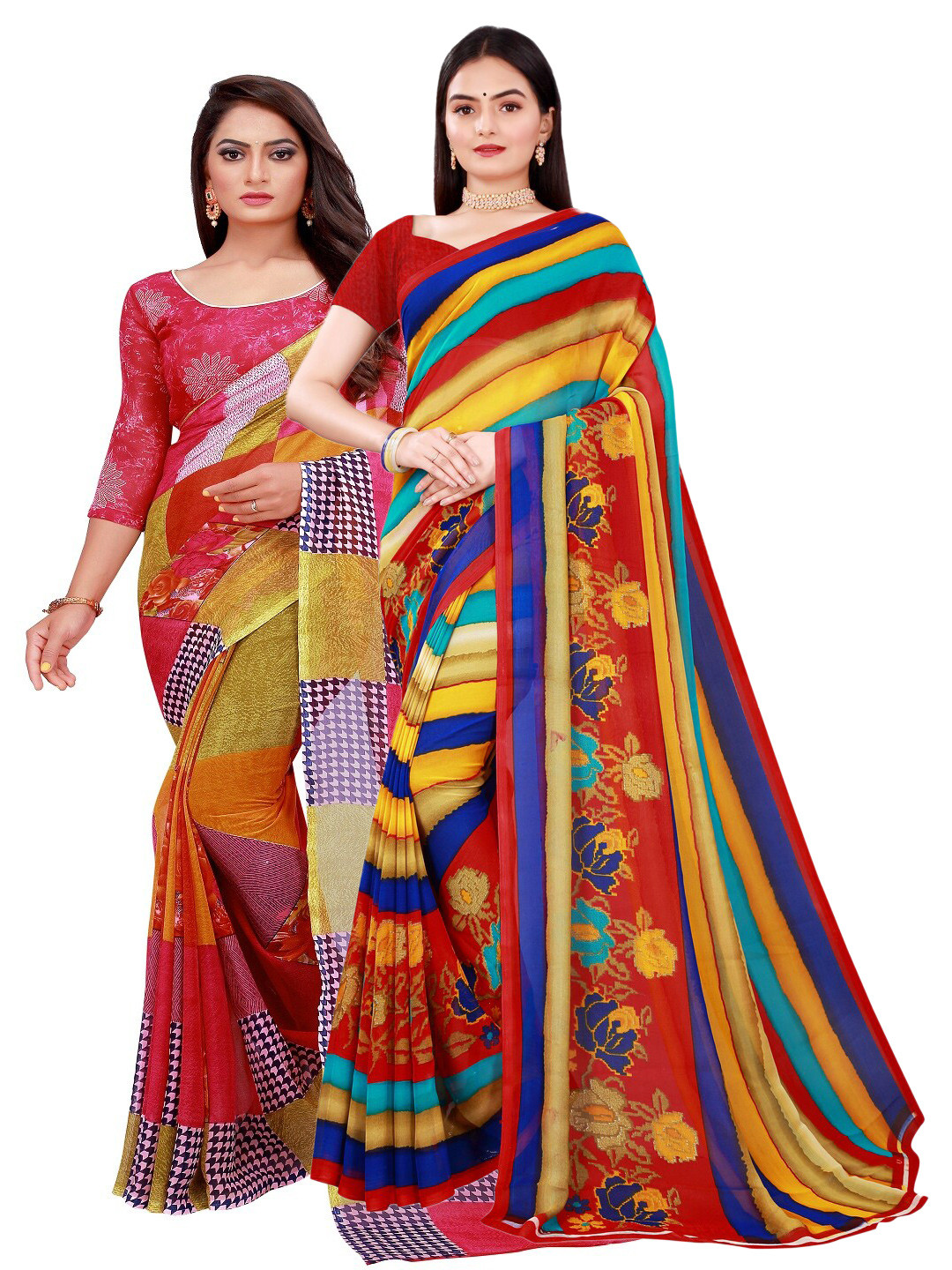 

SAADHVI Women Pack of 2 Red & Yellow Pure Georgette Saree