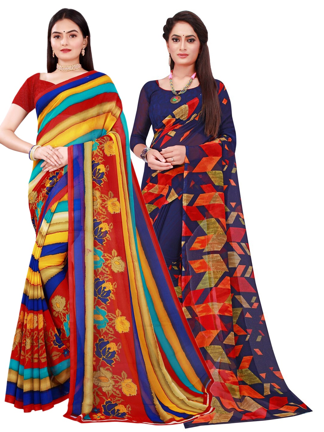 

SAADHVI Women Pack of 2 Navy Blue & Maroon Pure Georgette Saree