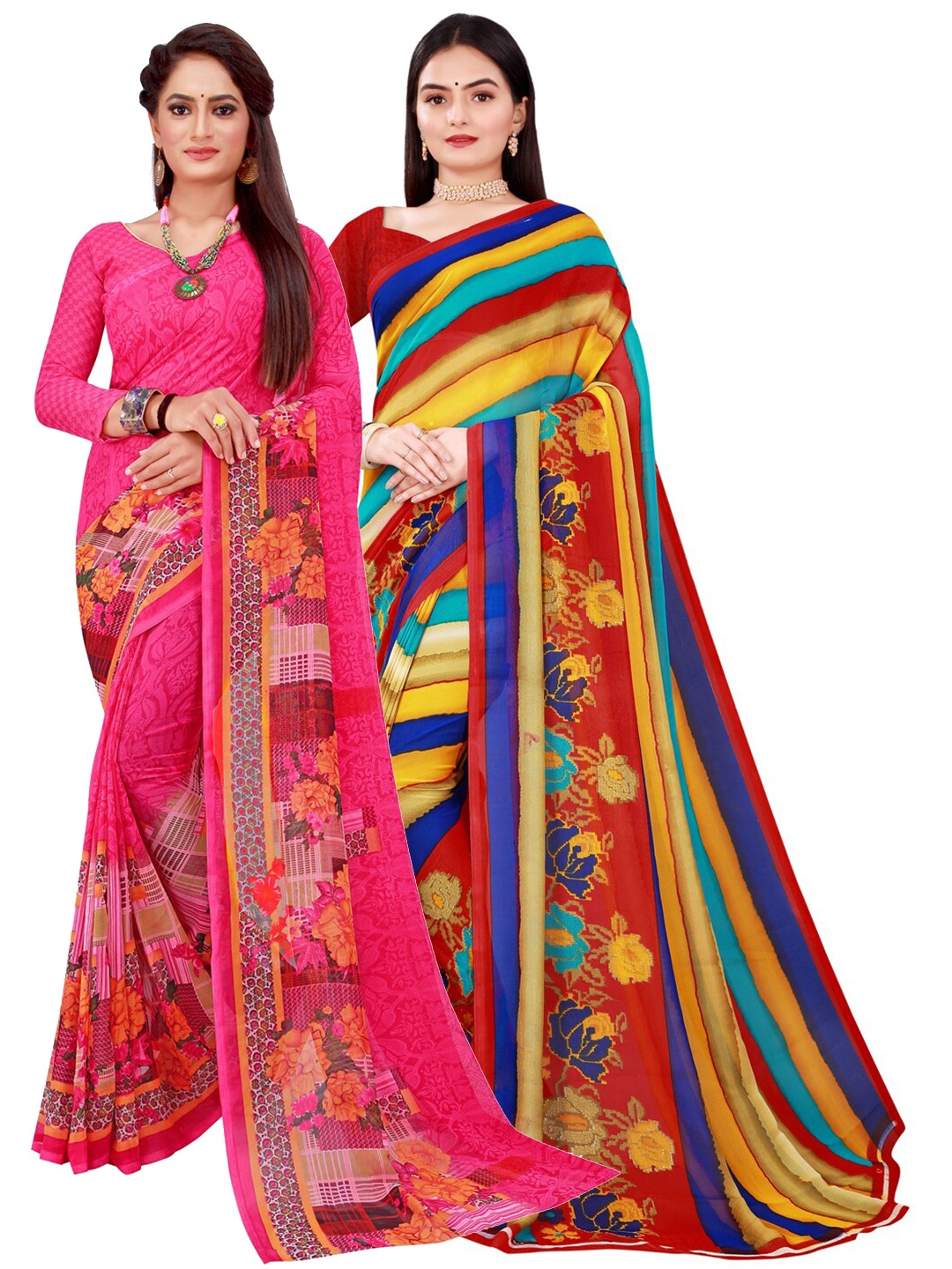

SAADHVI Pack of 2 Magenta & Yellow Floral Pure Georgette Saree