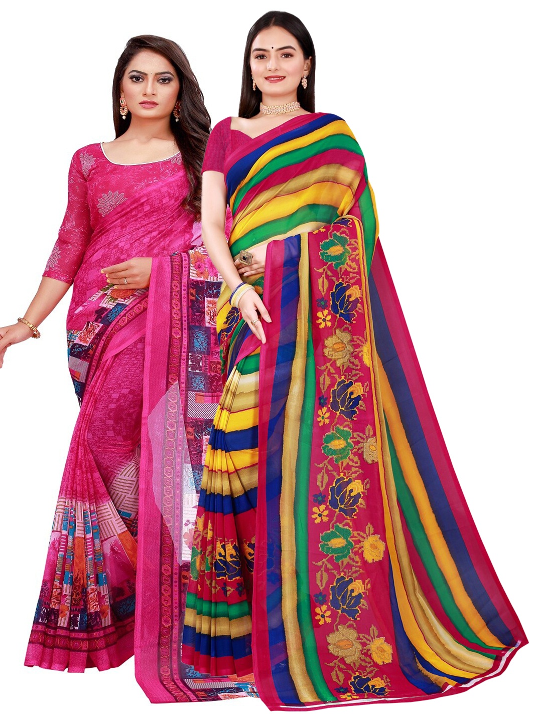 

SAADHVI Women Pack of 2 Magenta & Blue Floral Pure Georgette Saree
