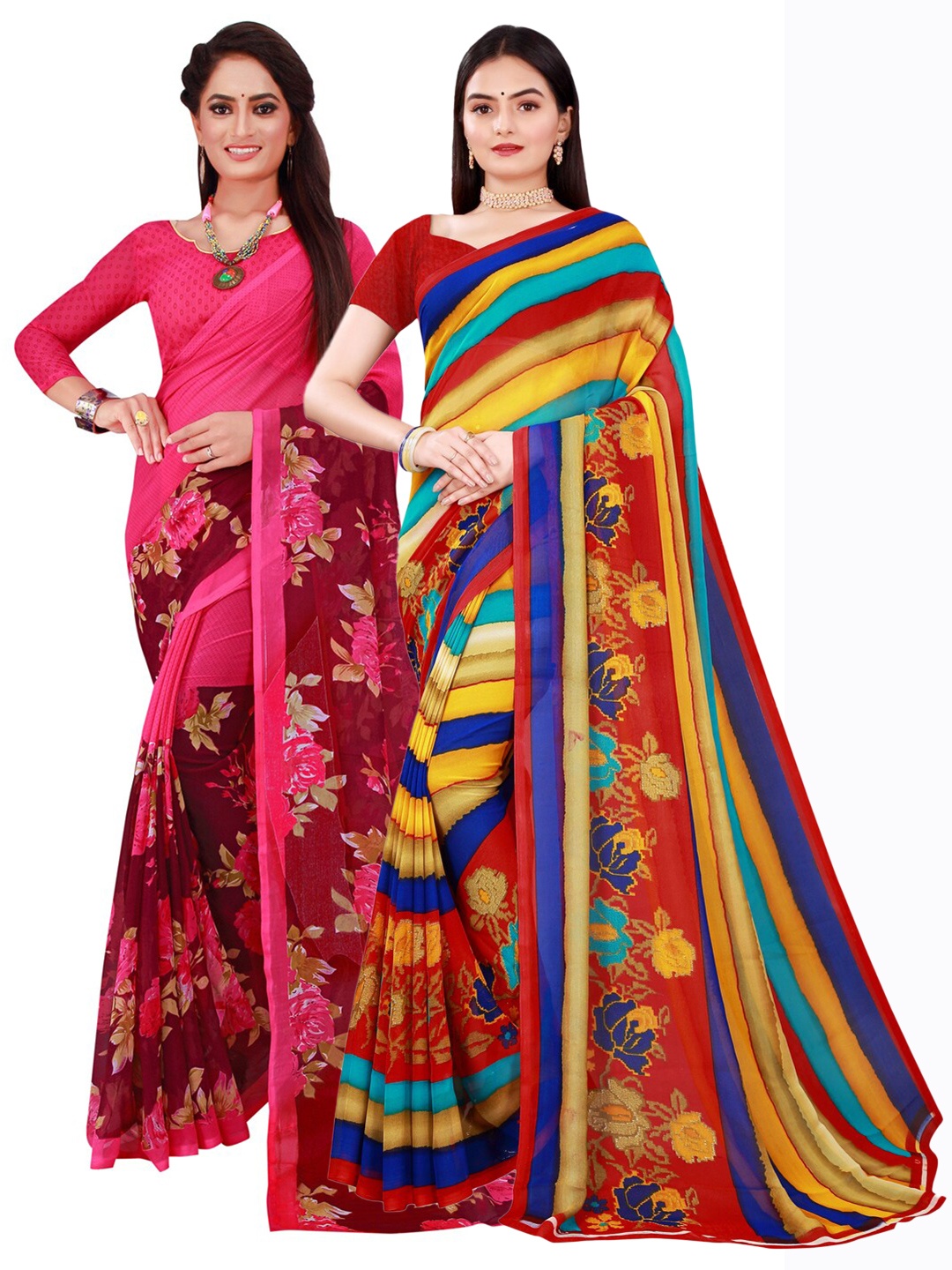 

SAADHVI Set Of 2 Magenta & Yellow Floral Pure Georgette Saree