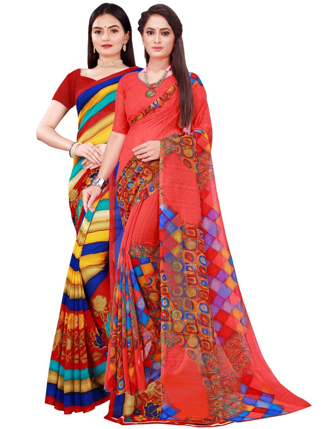 SAADHVI Women Pack of 2 Red & Pink Pure Georgette Saree