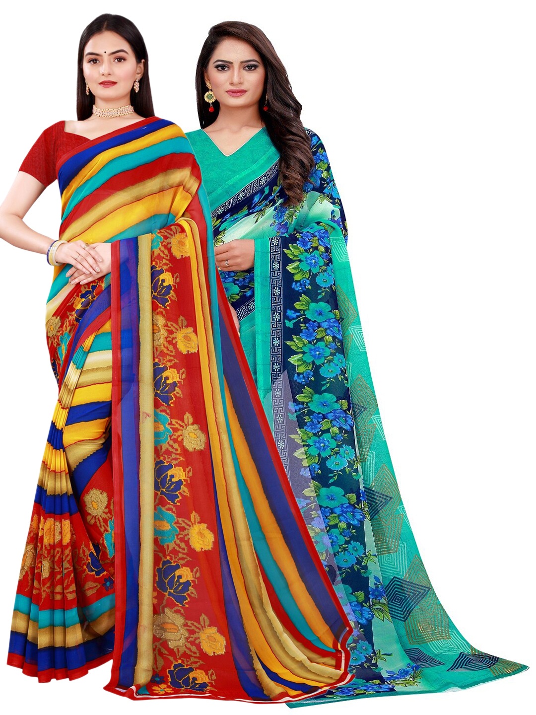 SAADHVI Women Pack of 2 Green & Blue Pure Georgette Saree