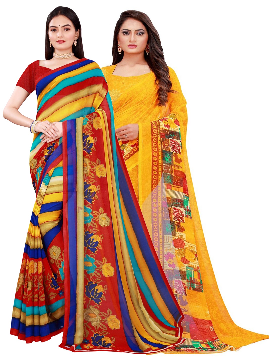 

SAADHVI Women Pack of 2 Yellow & Blue Pure Georgette Saree