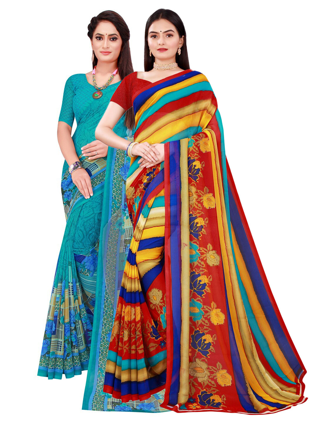 

SAADHVI Pack of 2 Blue & Yellow Pure Georgette Saree