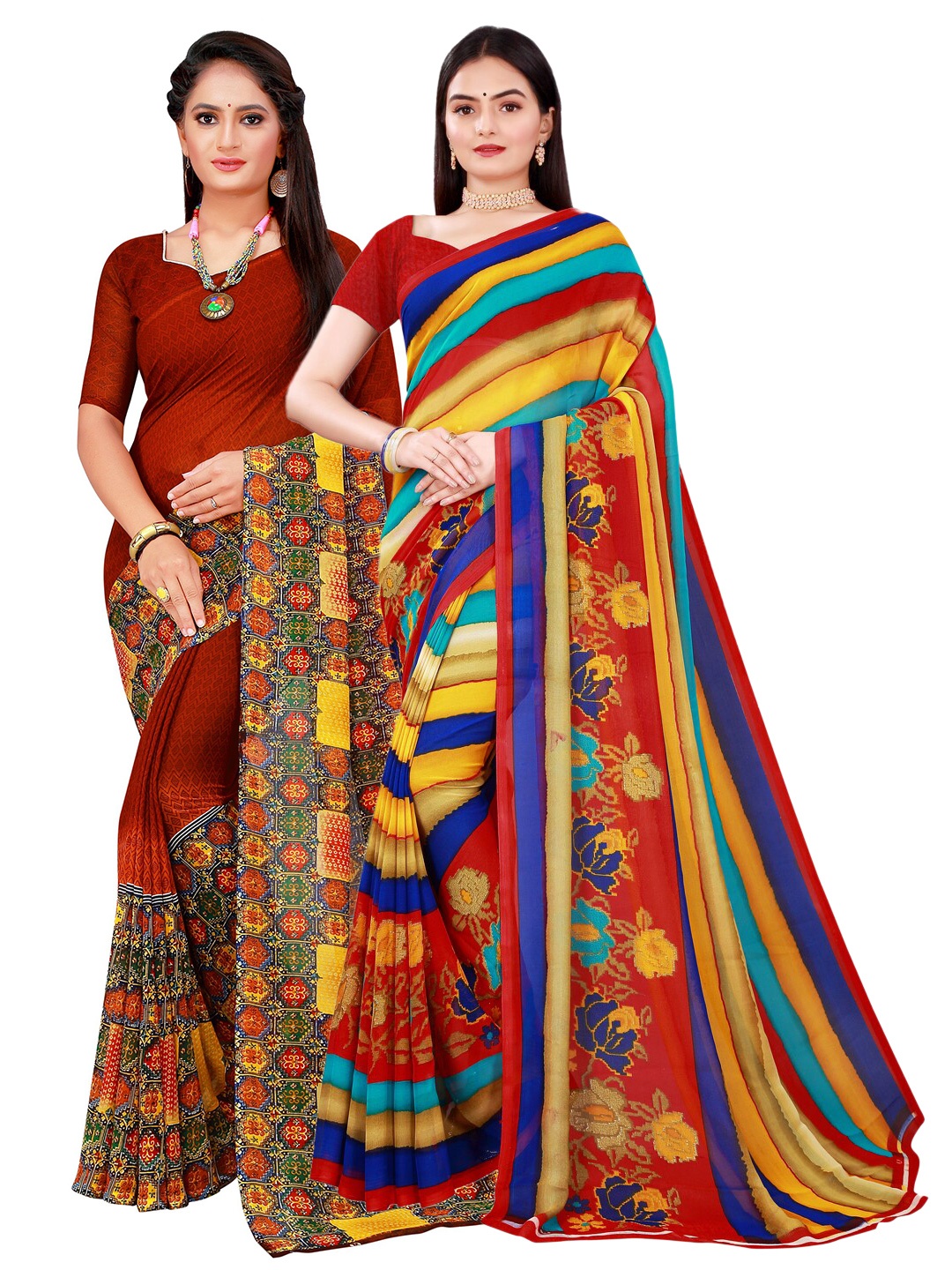 SAADHVI Women Pack of 2 Brown & Red Pure Georgette Saree