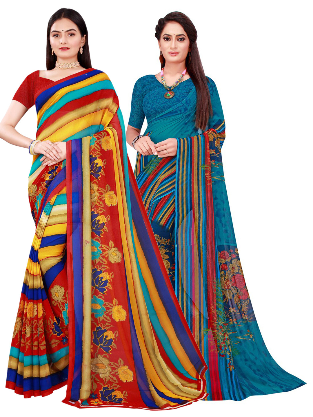 

SAADHVI Pack of 2 Yellow & Blue Pure Georgette Saree