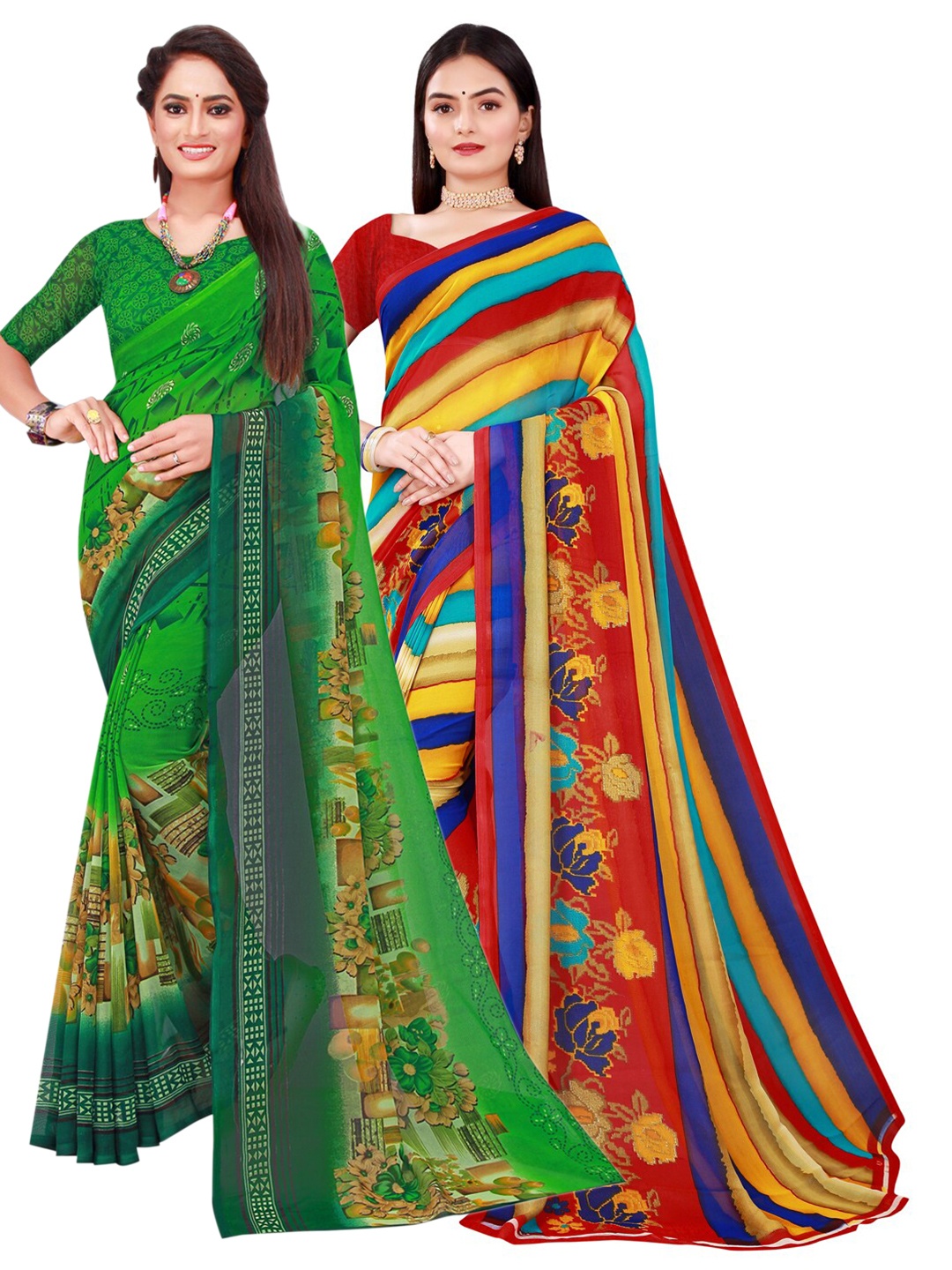 SAADHVI Women Pack Of 2 Floral Printed Pure Georgette Sarees, Green